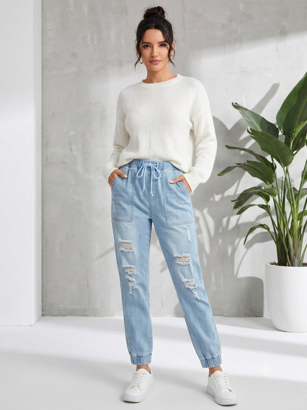 Light Blue Distressed Drawstring Jogger Jeans - Women